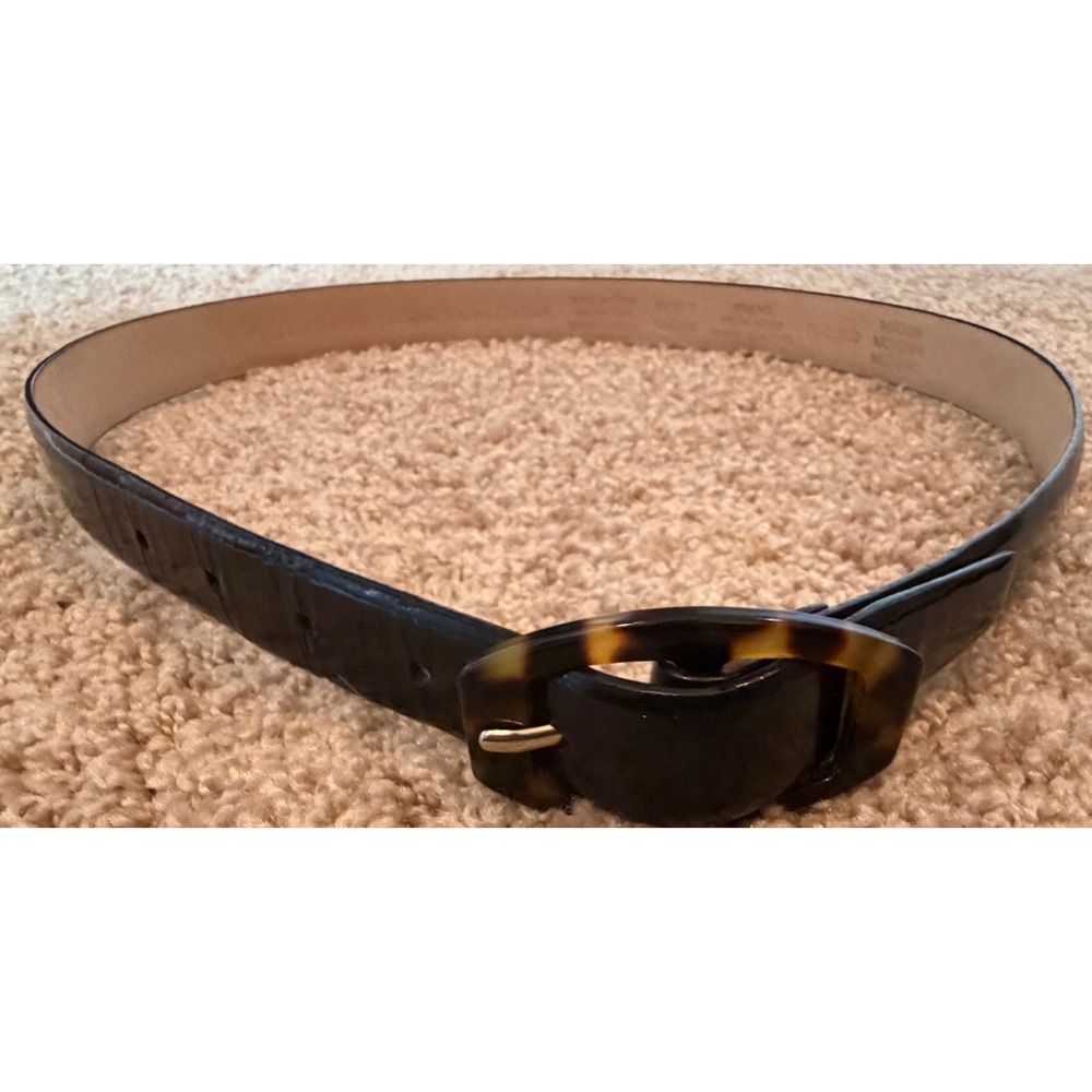 Liz Claiborne Black Italian Leather Belt Tortoiseshell Buckle Medium RN70272